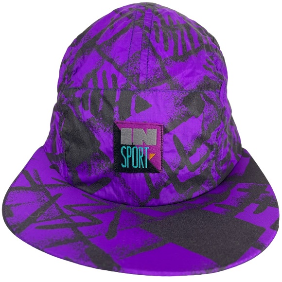 1990s Cycling Running Aztec Neon Purple Long Bill Cap Hat InSport Drawstring VTG main image 13